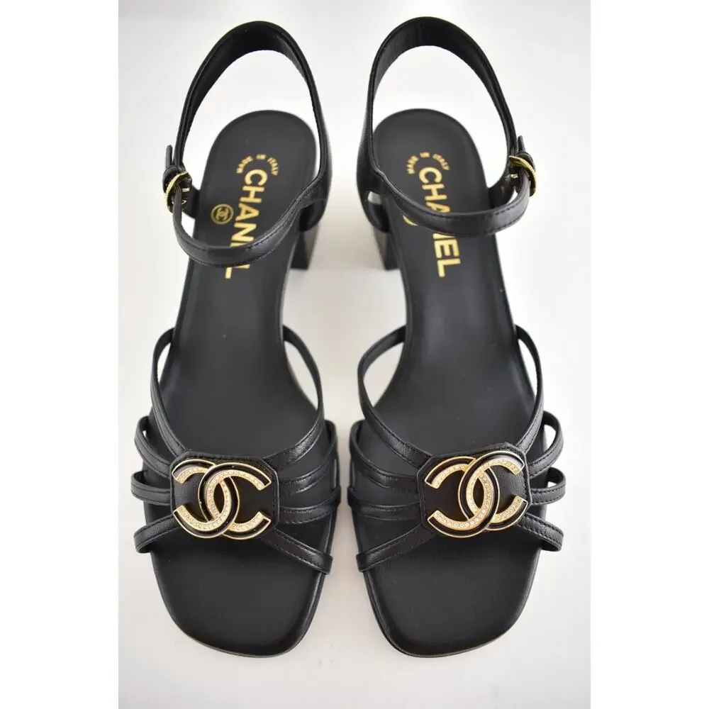 Chanel 25P Black Leather Crystal Gold CC Logo Ankle Strap Block Heel Sandal 37.5